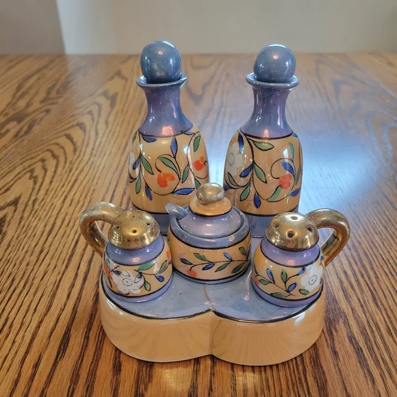 Vintage Lusterware Hand Painted Made in Japan Condiment Tray ~TT 5-piece S&P V&O - Picture 1 of 16